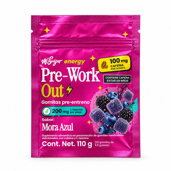 Bolsa de 20 gomitas Pre-Work Out sabor Mora Azul, frente