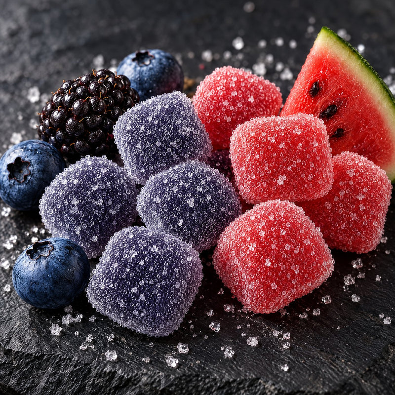 Gomitas escarchadas Mora Azul y Sandía de cerca
