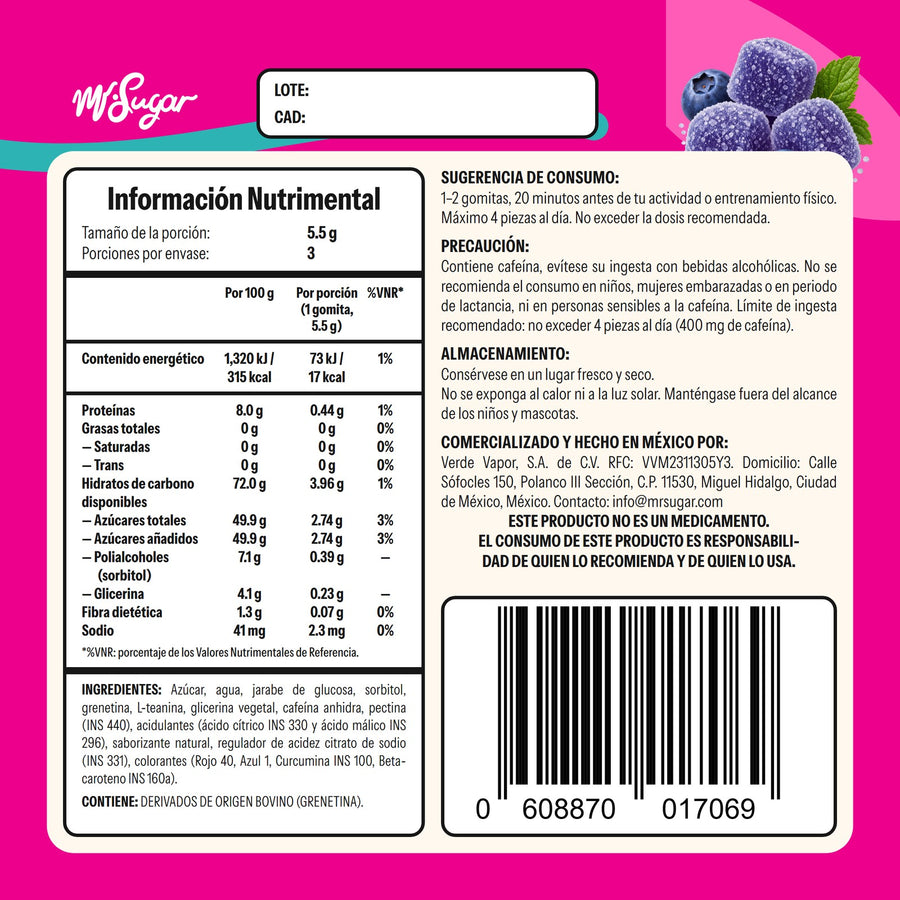 Reverso de la etiqueta Pre-Work Out con información nutrimental, ingredientes y precauciones