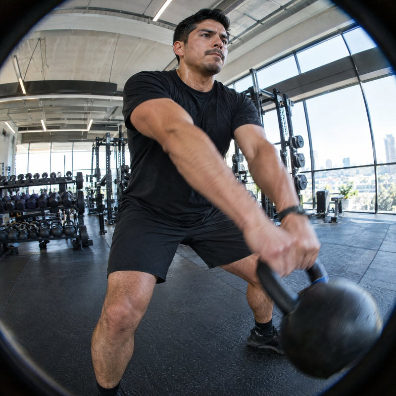 Persona entrenando con kettlebell en el gym