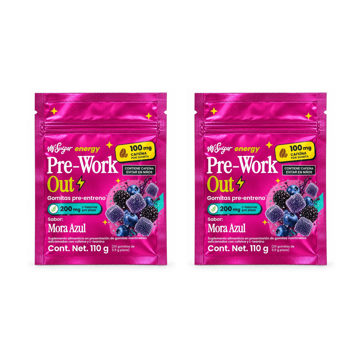 2 bolsas de 20 gomitas Pre-Work Out sabor Mora Azul