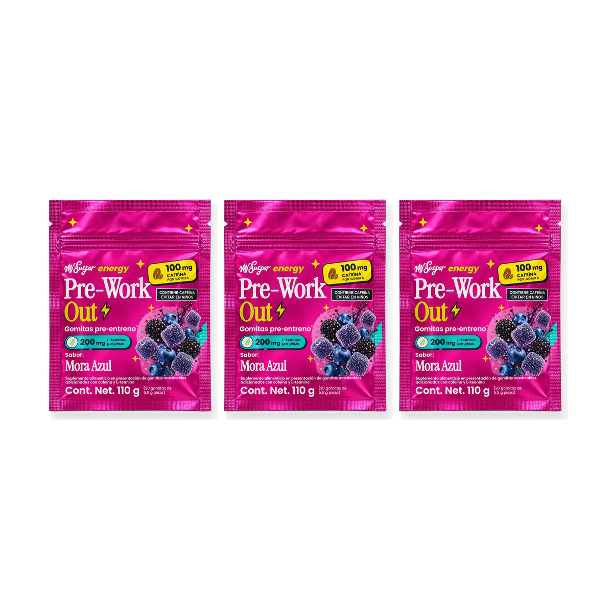 3 bolsas de 20 gomitas Pre-Work Out sabor Mora Azul