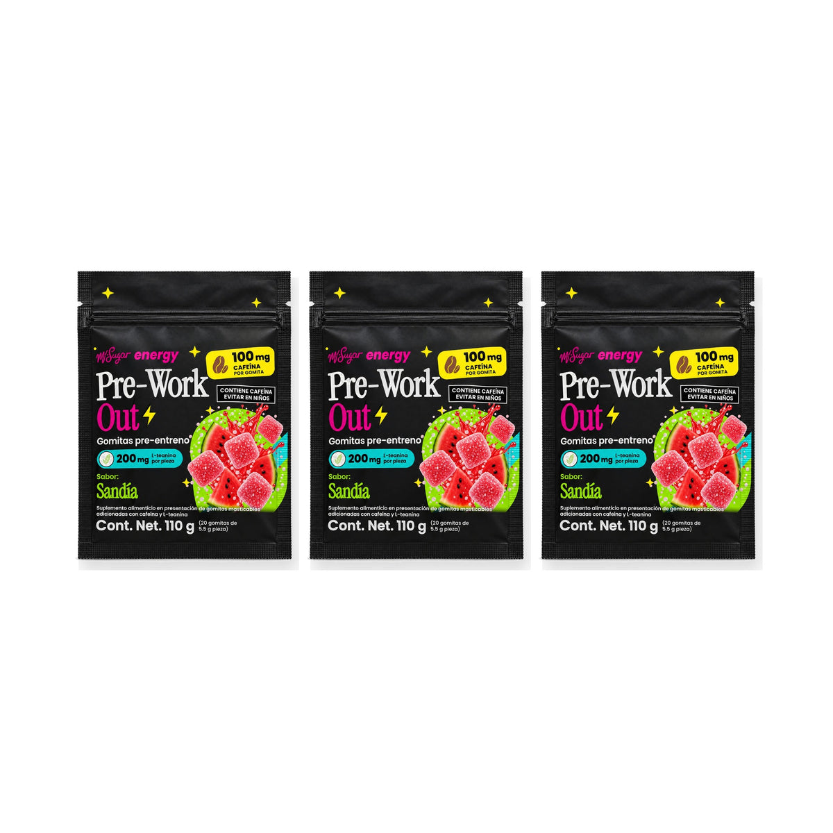 3 bolsas de 20 gomitas Pre-Work Out sabor Sandía