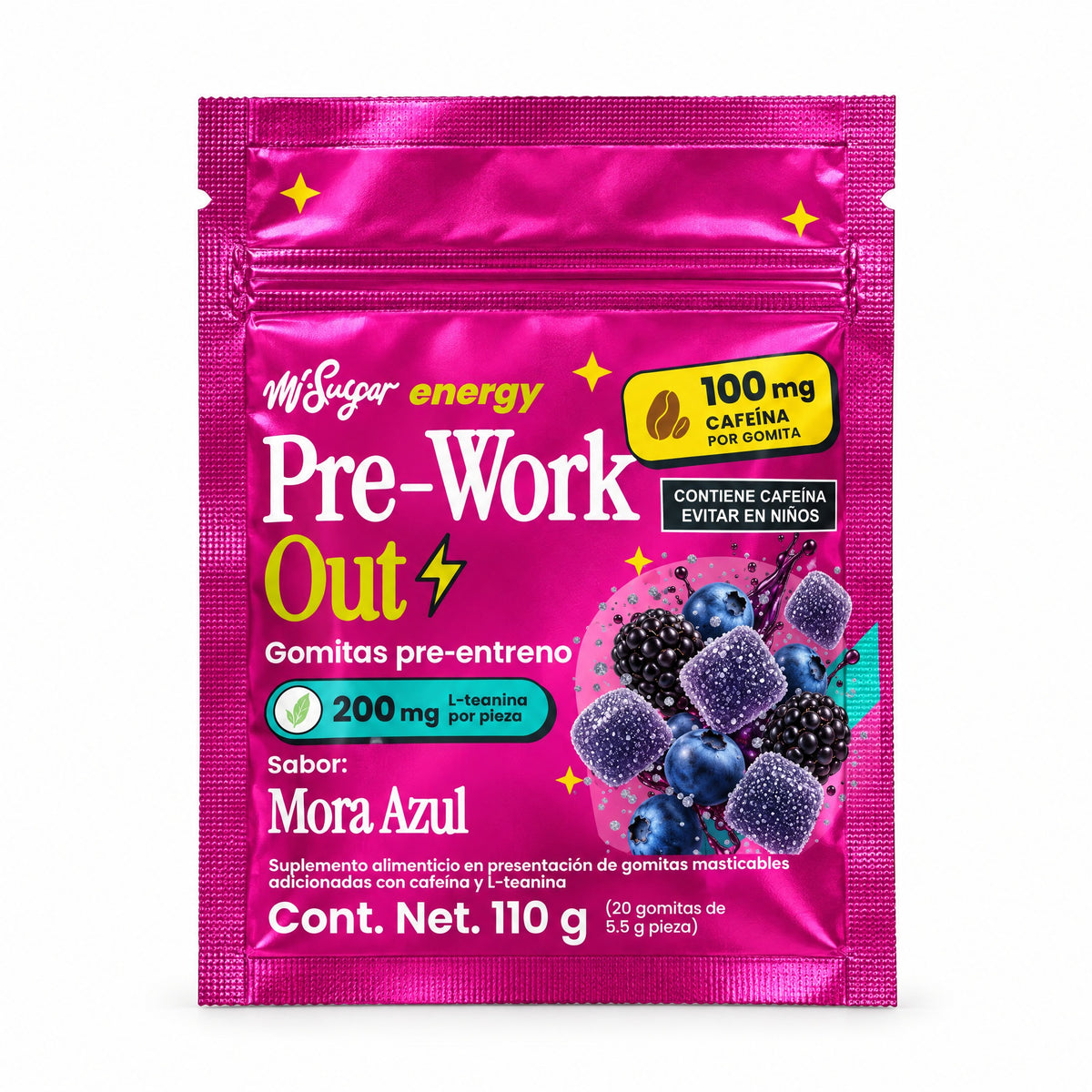 Bolsa de 20 gomitas Pre-Work Out sabor Mora Azul, frente