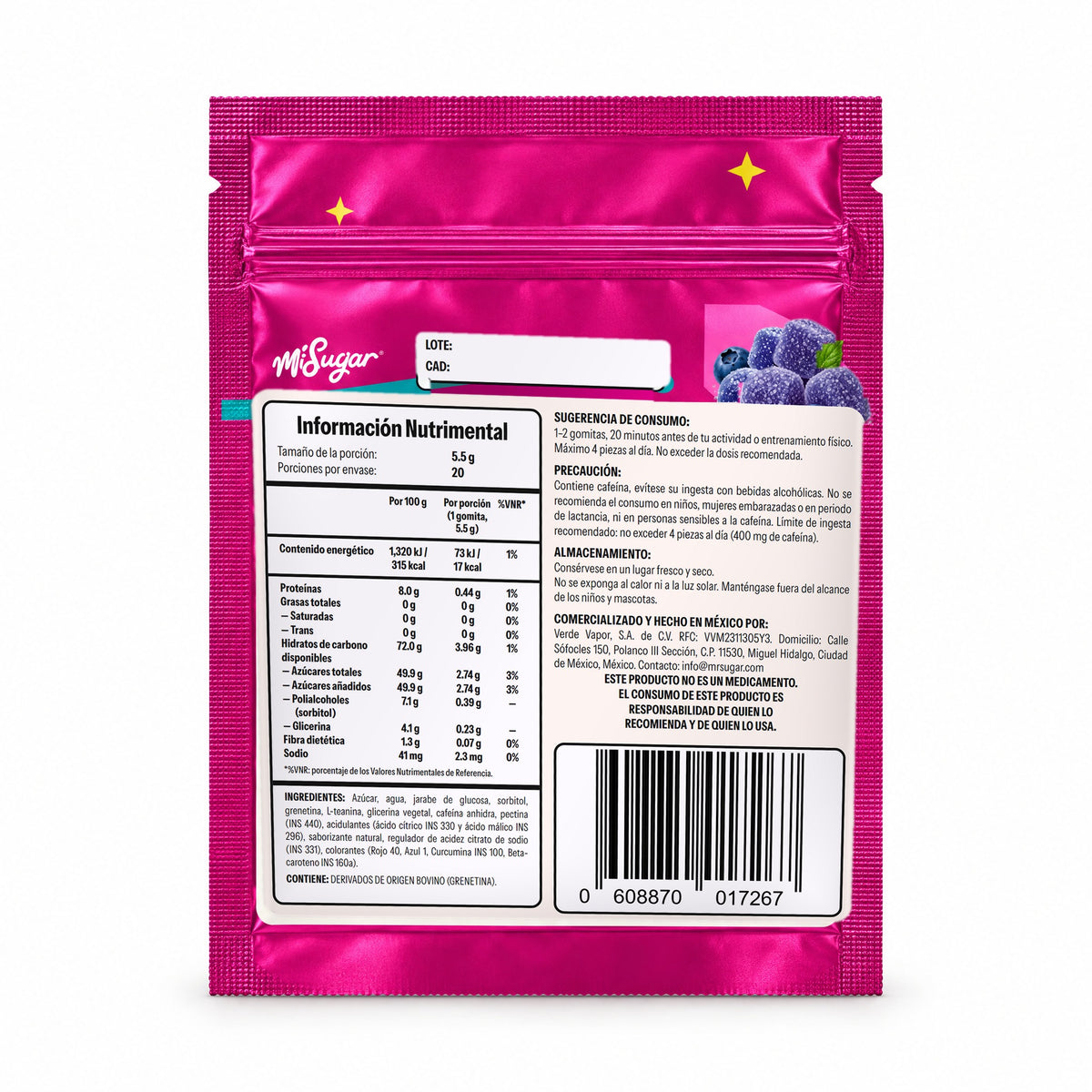 Reverso de la bolsa Mora Azul: información nutrimental, ingredientes y precauciones