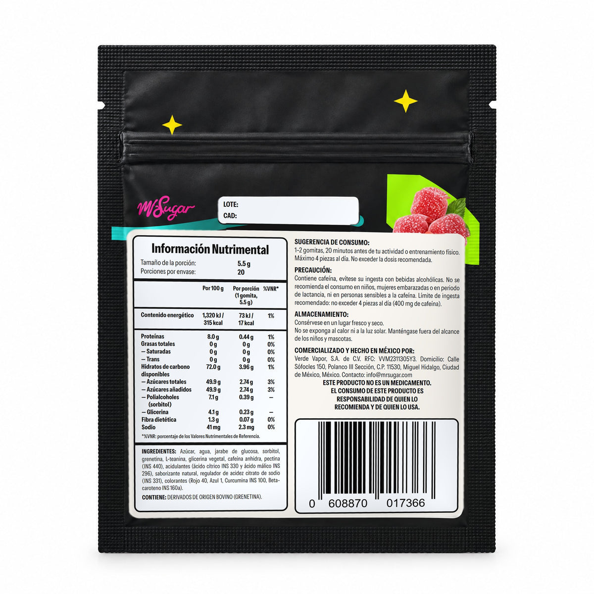 Reverso de la bolsa Sandía: información nutrimental, ingredientes y precauciones