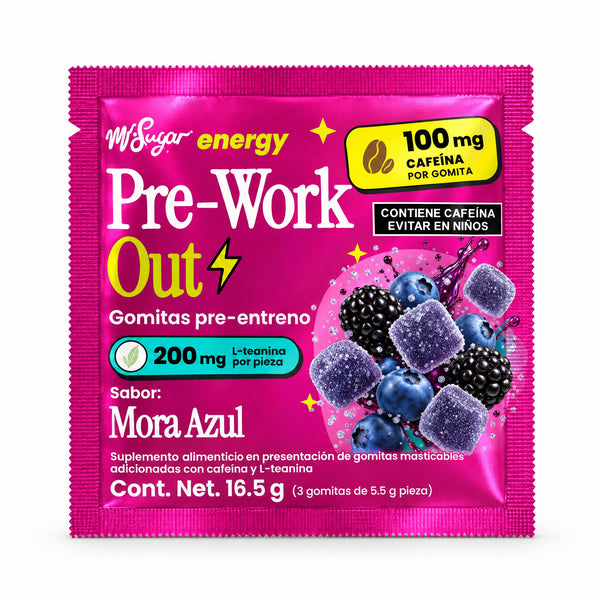 Sobre de 3 gomitas Pre-Work Out sabor Mora Azul, frente