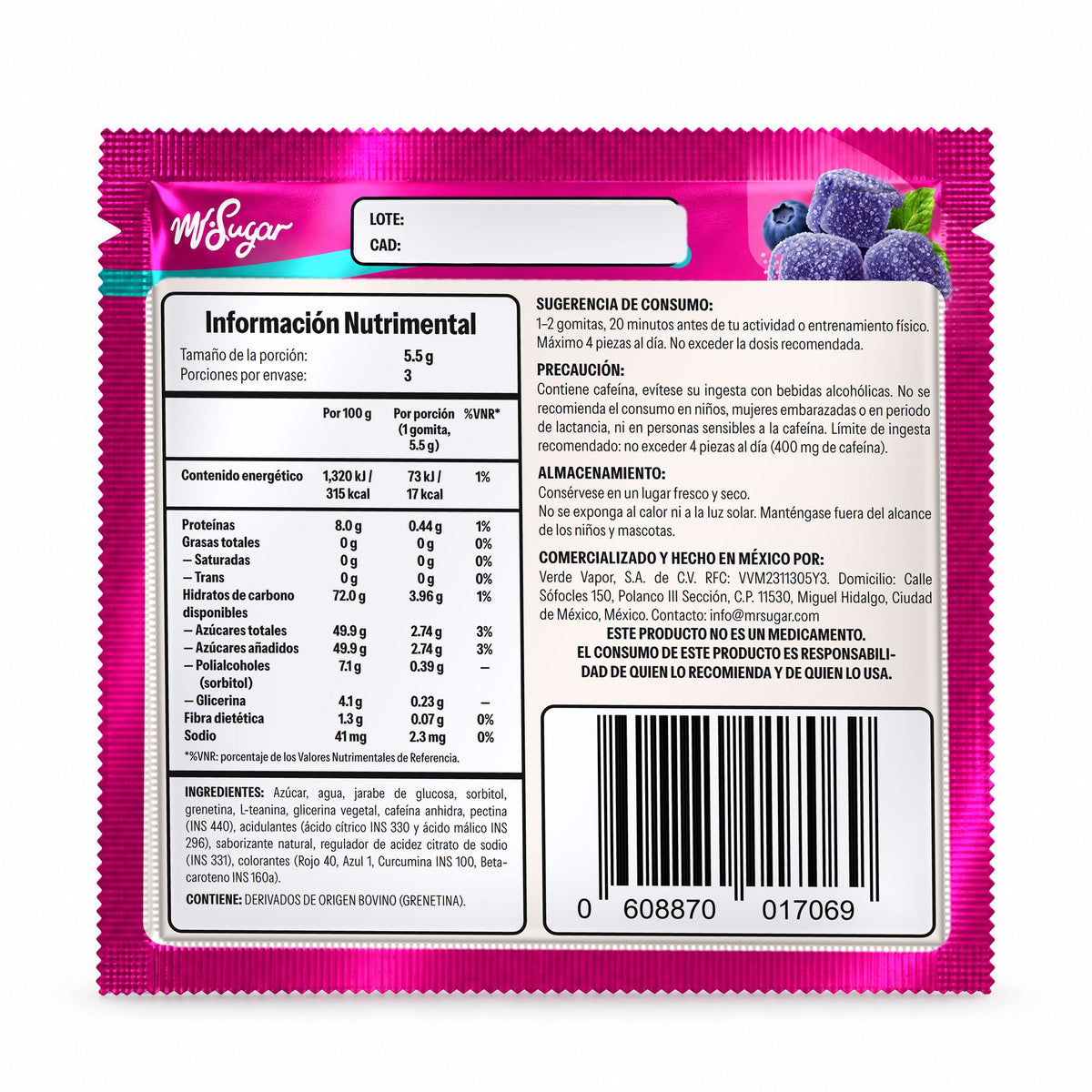 Reverso del sobre Mora Azul: información nutrimental, ingredientes y precauciones