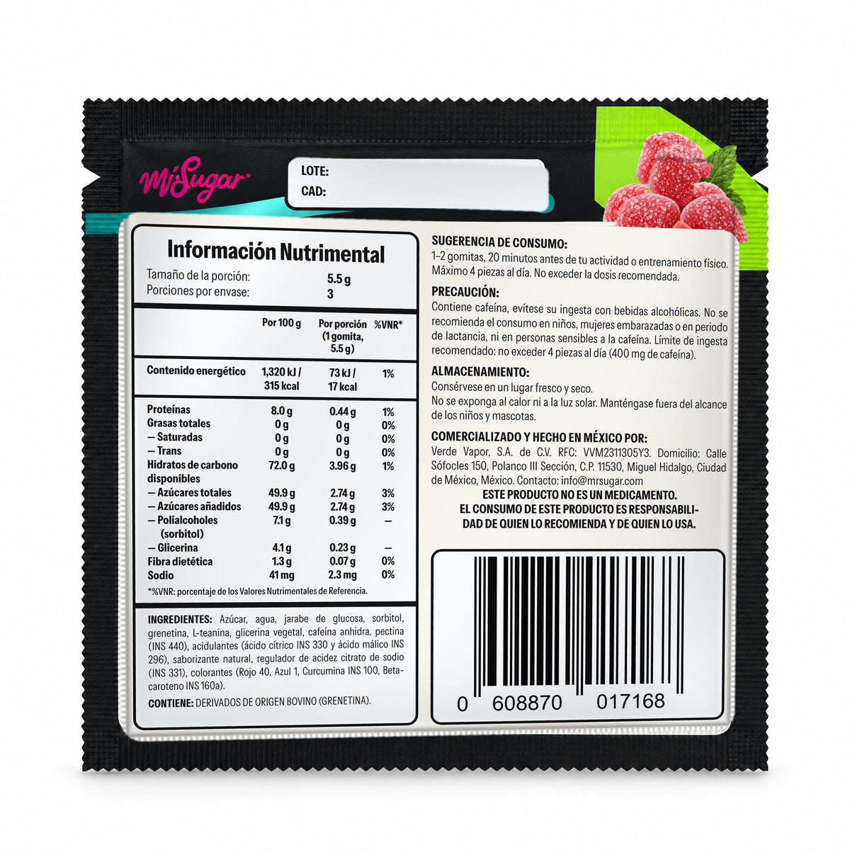 Reverso del sobre Sandía: información nutrimental, ingredientes y precauciones