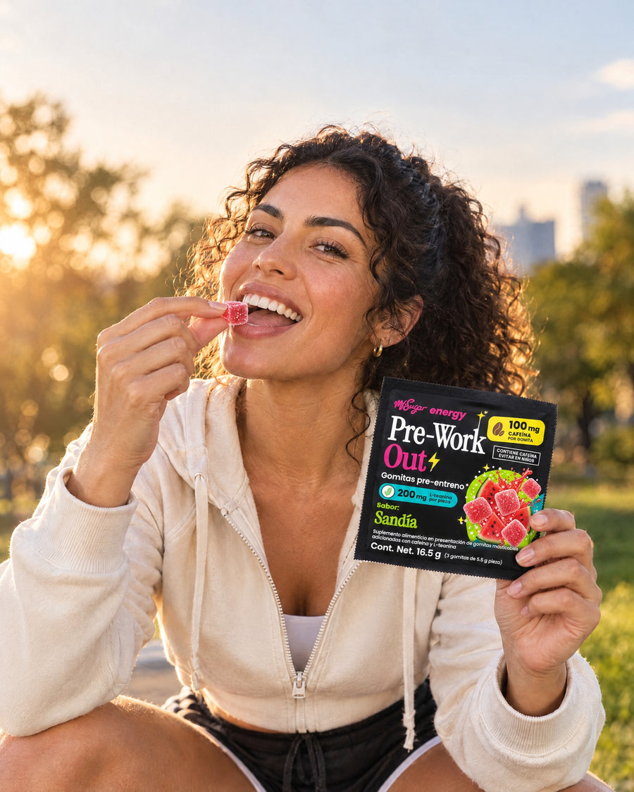 Mujer en un parque al atardecer comiendo una gomita Pre-Work Out Sandía